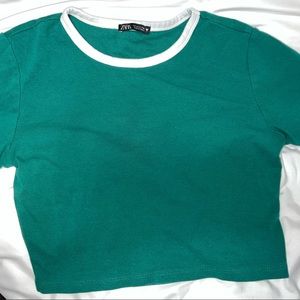 Green zara cropped t shirt with white detail